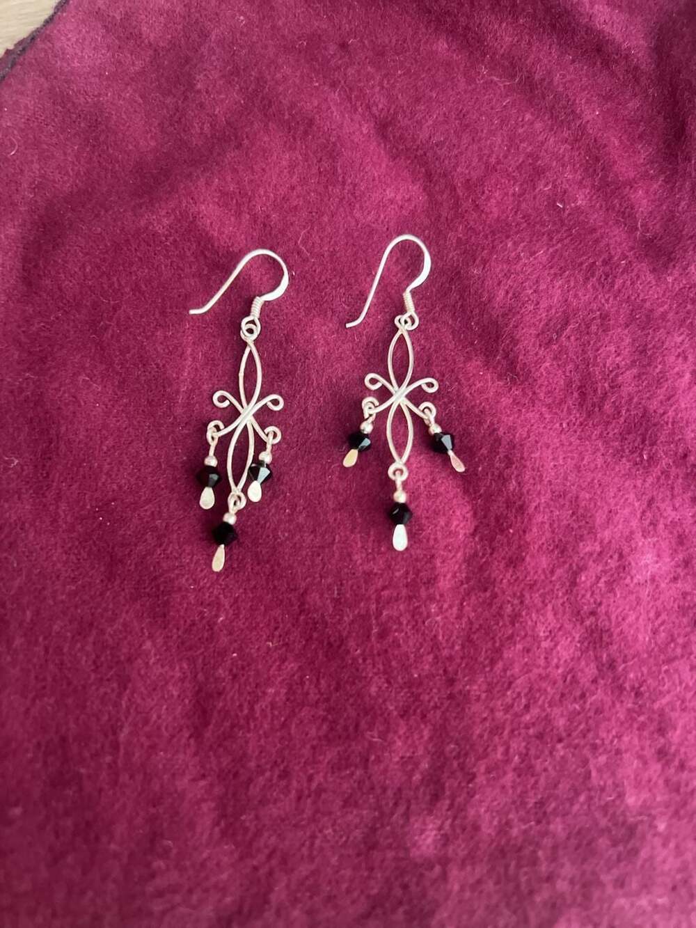 Sterling Silver Chandelier Dangle Earrings Black Crystal Wire Wrapped